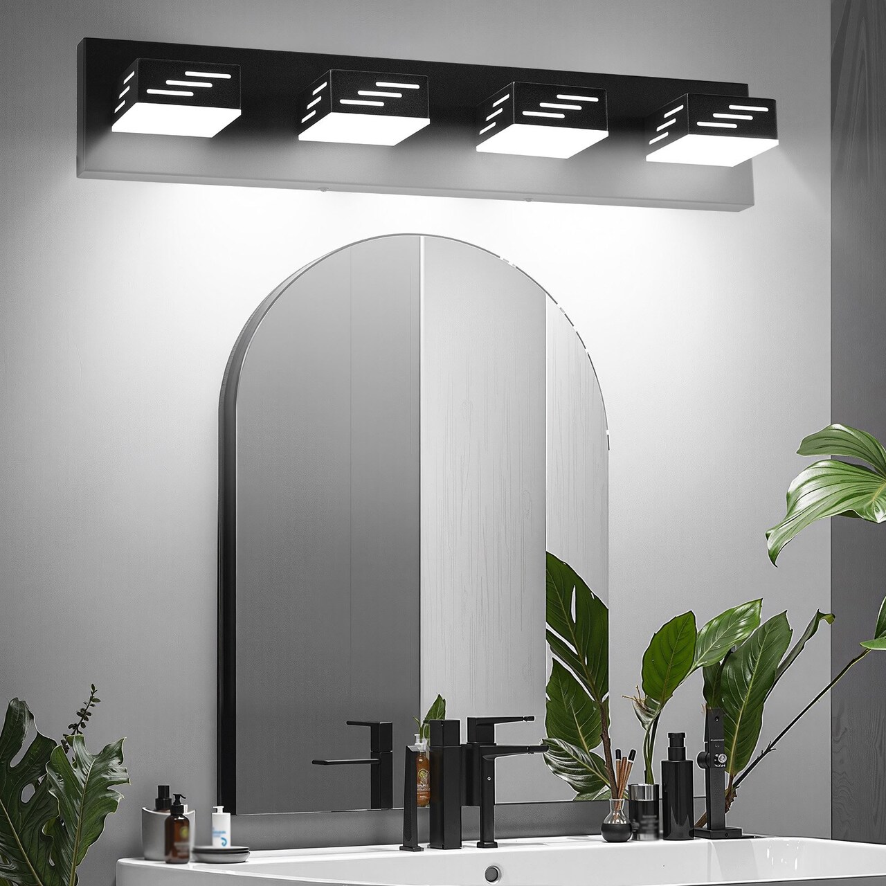 4-Light Black LED Bathroom Vanity Light Fixture, 32W Modern Waterproof Wall Sconce with 360° Rotatable Heads